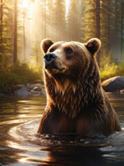 Obraz premium A brown bear standing in a river, water dripping from its fur as it gazes intently, surrounded by a serene forest. Generative AI