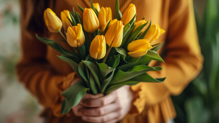 Young beautiful woman holding a spring bouquet of yellow tulips: Fresh cut spring flowers in her hand.