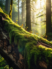 Fototapeta premium A macro view of lush green moss and tiny plants thriving on the bark of a fallen tree, illuminated by soft sunlight in a serene forest. Generative AI