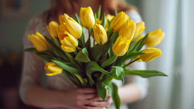 Young beautiful woman holding a spring bouquet of yellow tulips: Fresh cut spring flowers in her hand.