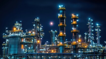 Industrial complex illuminated at night with towering structures.