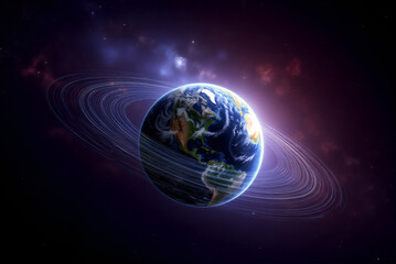 Earth surrounded by dynamic rings and cosmic background with vibrant colors