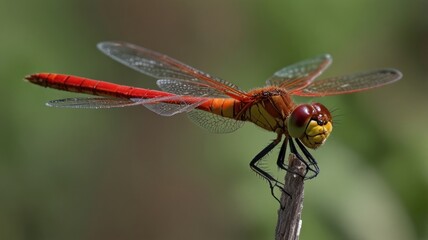 Close-up of a vibrant red dragonfly perched on a twig.
