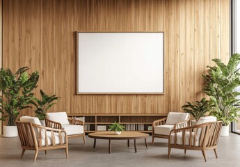 Minimalist Living Room with Large Wooden Wall and Blank White Poster Frame, Modern Furniture, Neutral Color Palette, Natural Light.