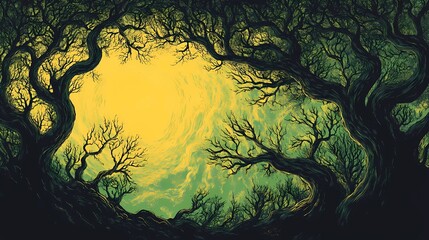 Mystical Forest Illustration Blending Pyrography and Digital Art Techniques”
