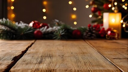 Empty wooden table with blurred festive Christmas decorations
