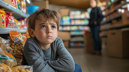 A child sitting on the floor of a grocery store, crying, surrounded by opened snack packages, while their parent stands nearby looking frustrated