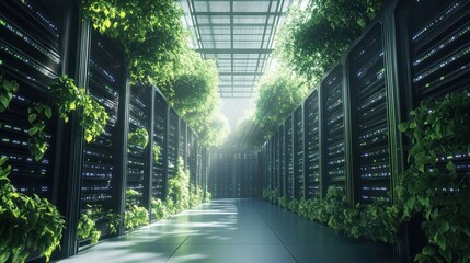 A futuristic data center integrated with lush greenery.