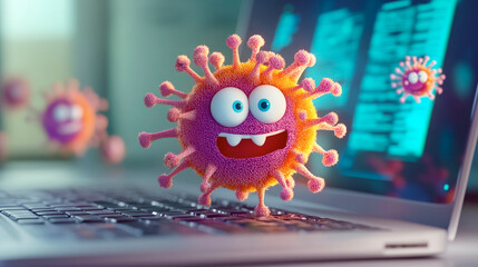 Cartoon virus character cheerfully spreading misinformation while interacting with a laptop screen in a colorful digital environment
