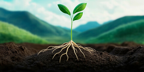 Hope and resilience symbolized by a young plant emerging from rich soil against a serene backdrop of rolling hills