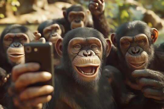 group of chimpanzees and a human in the middle of them, they are all in a forest near a river, chimpanzee in first plan is handing a phone and taking a selfie