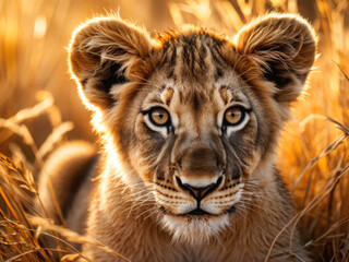Fototapeta premium A stunning close-up of a young lioness gazing intently through golden savannah grass, illuminated by warm sunlight, showcasing her beauty and strength. Generative AI