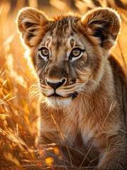 Obraz premium Close-up of a young lioness gazing intensely through golden grass in the savannah, bathed in soft, warm sunlight. Generative AI