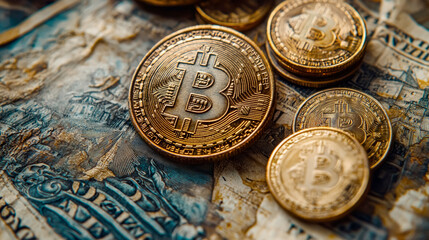 Exploring the vintage allure of currency with Bitcoin coins on historical banknotes symbolizing financial success and investment growth