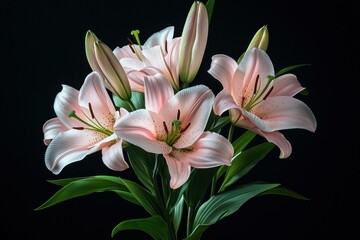 Fototapeta premium Beautiful pink lilies arranged elegantly against a dark background, showcasing vibrant colors and intricate details. Floral beauty and nature concept.