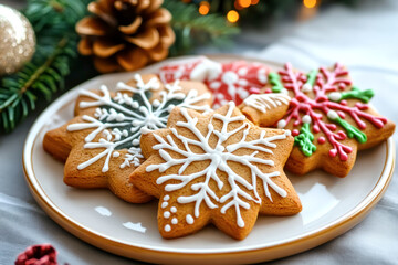 Festive gingerbread cookies adorned with exquisite icing, perfectly capturing the spirit of Christmas and holiday cheer in a cozy setting