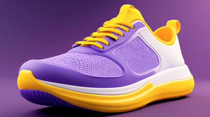 Innovative sneaker design featuring vibrant yellow and purple tones captured in a striking 3D model with dynamic accents set against a smooth purple backdrop