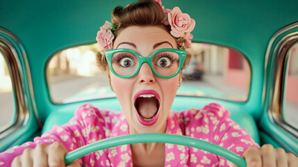 Surprised vintage woman in pink pajamas driving an old green car with whimsical charm and a fun expression