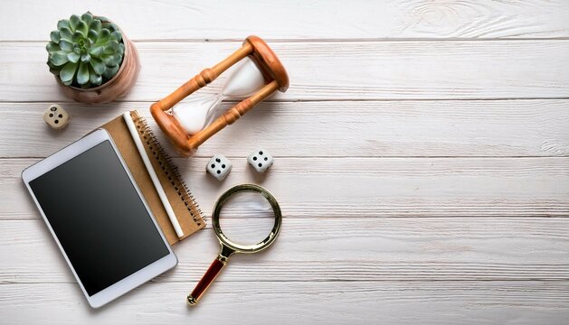 coaching business tools like hourglass notebok dice pens and tablet on a white wooden background flat lay compositions space for text