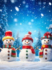 Obraz premium A cheerful group of three snowmen dressed in colorful scarves and hats, standing in a snowy field with falling snowflakes creating a festive winter atmosphere. Generative AI