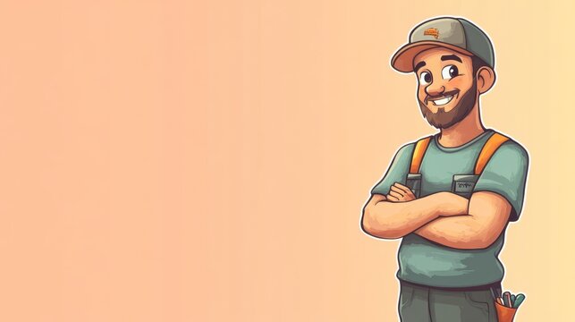 A cheerful, cartoon-style character wearing work attire, standing confidently with arms crossed, suggesting a friendly, approachable persona.