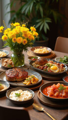 beautiful table to eat on with a vase of yellow flowers
