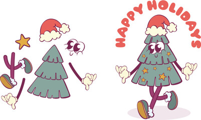 Christmas tree retro groovy character creation kit, mascot parts