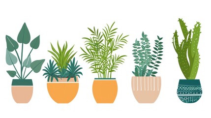 Fototapeta premium A collection of five decorative potted plants, showcasing various types of greenery in stylish pots, ideal for home decor and indoor gardening.