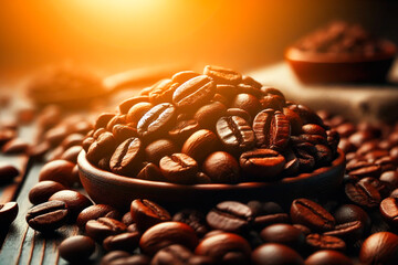 Aromatic coffee beans in the rays of the sun close-up. Coffee concept. Generative AI
