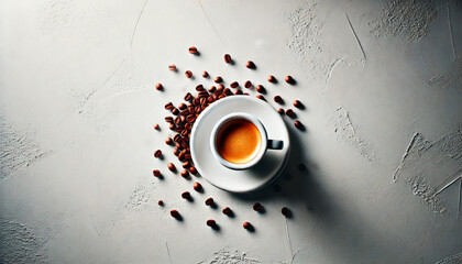 A cup of aromatic coffee from above on a light background. Coffee concept. Generative AI