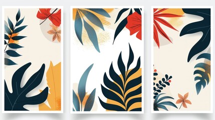 Obraz premium A vibrant triptych featuring tropical leaves and flowers in bold colors, ideal for decor or artistic inspiration.