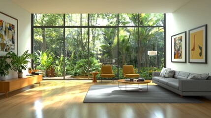 Serene Modern Living Room with Lush Tropical Garden View