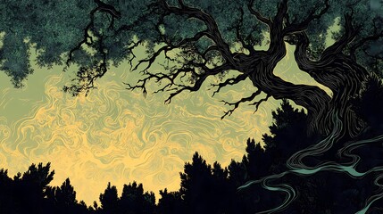 Ethereal forest scene combining pyrography-inspired elements and digital artistry, creating a dreamlike ambiance with enchanting details.