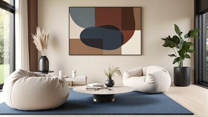 Generative AI, A Bright and Airy Living Room Merging Geometric Art, Textured Furniture, and Subtle Contrasts for a Perfect Blend of Whimsy and Elegance
