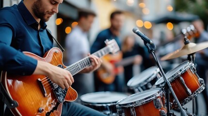 Naklejka premium Musician Playing Acoustic Guitar at Outdoor Event with Blurred Background and Soft Ambient Lighting
