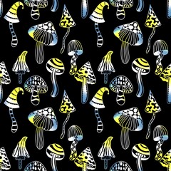 Cartoon autumn harvest seamless Halloween mushrooms pattern for kids and party