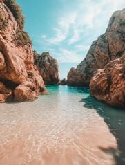 Fototapeta premium A serene Mediterranean beach with clear blue waters.