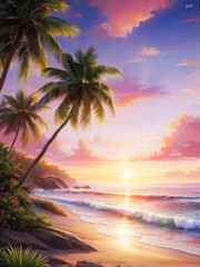 Fototapeta premium Tropical beach at sunrise, framed by vibrant palm trees, with soft waves lapping against the golden sand in a tranquil setting. Generative AI