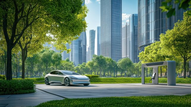 Futuristic electric car parked in a green urban environment.