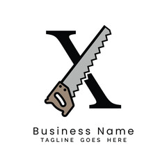 Letter X handsaw logo. Alphabet X woodwork and carpentry icon