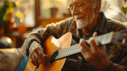 An older man plays his guitar in a warmly lit room, his expression thoughtful, emphasizing the joy of music and the beauty of graceful aging.