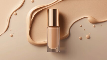 Stylish liquid foundation with smooth texture on neutral background and ample copy space for product description.A clear glass bottle filled with liquid foundation sits elegantly against a neutral