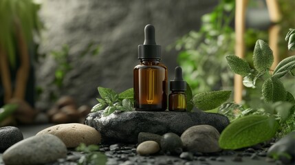 Serenity found in essential oil bottles with natural elements in a tranquil setting perfect for relaxation and wellness.Two amber glass bottles stand elegantly on a stone amidst lush greenery