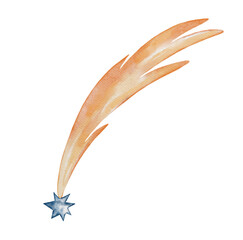 Falling watercolor star isolated on white background. Watercolor illustration of comet in cartoon style. Blue star with fiery tail