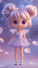 Fototapeta premium 3D animated fairy pastel pink purple hair sparkling dress fantasy wings large expressive eyes magical glowing background whimsical playful children stories fantasy artwork girl character game design