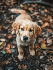 Adorable Golden Retriever Puppy Exploring Autumn Leaves