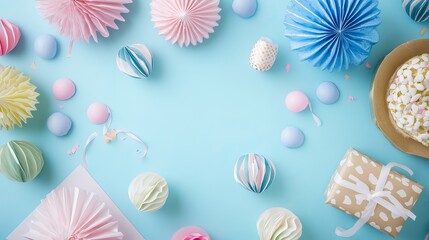Fototapeta premium Flat Lay of Party Decorations on Pastel Blue Background with Festive Elements