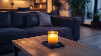 Cozy Living Room with Candle on Wooden Table and Soft Lighting
