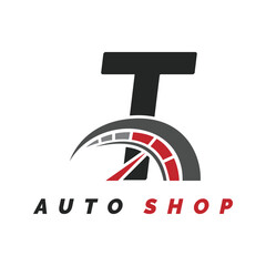 letter T logo auto mechanic with speedometer style. Alphabet T automotive speedometer design icon