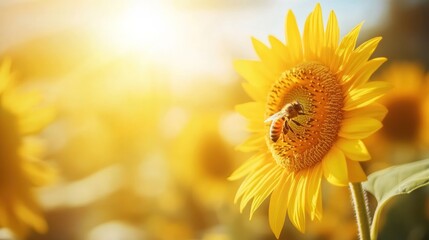 Obraz premium A bee pollinates a vibrant sunflower in a sunlit field.